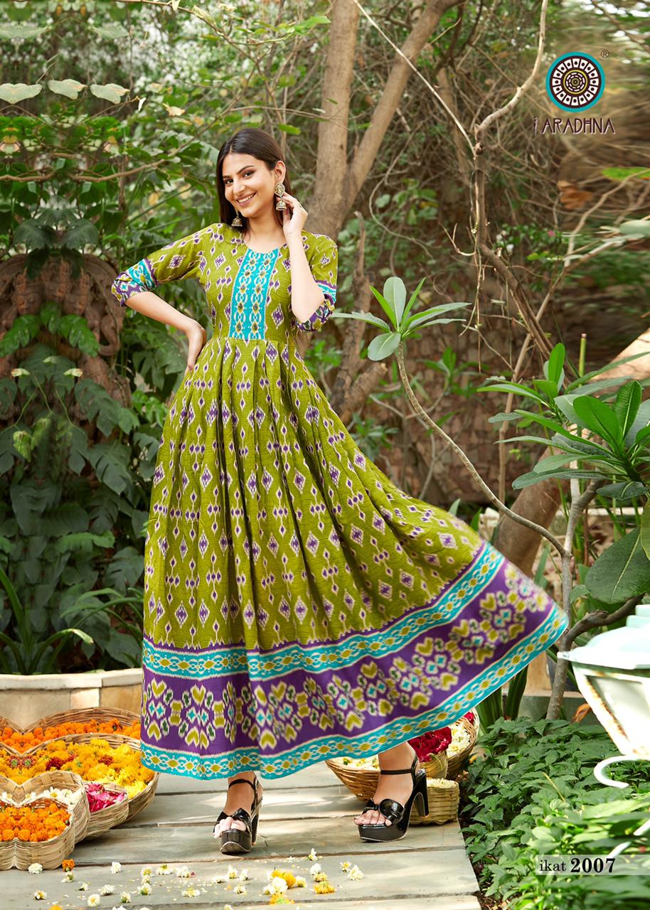 Aradhna Ikat 2 Heavy Rayon Designer Printed  Anarkali Long Kurti Collection